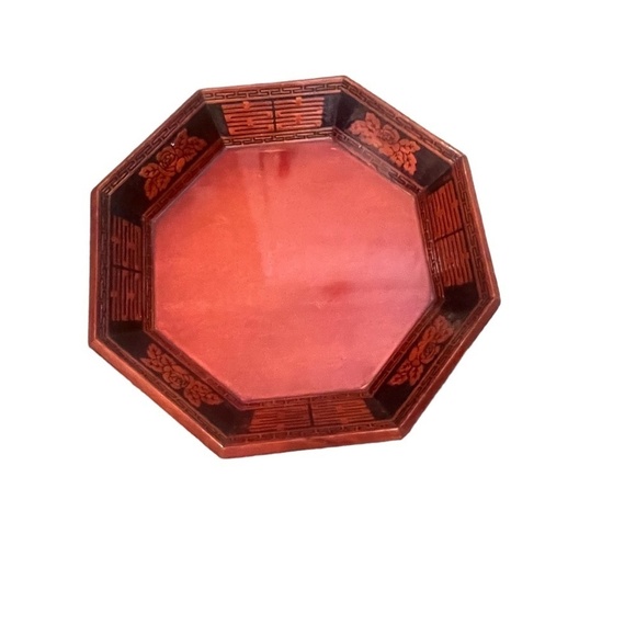 Set  Vintage‎ Asian Red Hand Carved Wooden Lacquerware Octagonal Decorative Tray - Picture 6 of 15